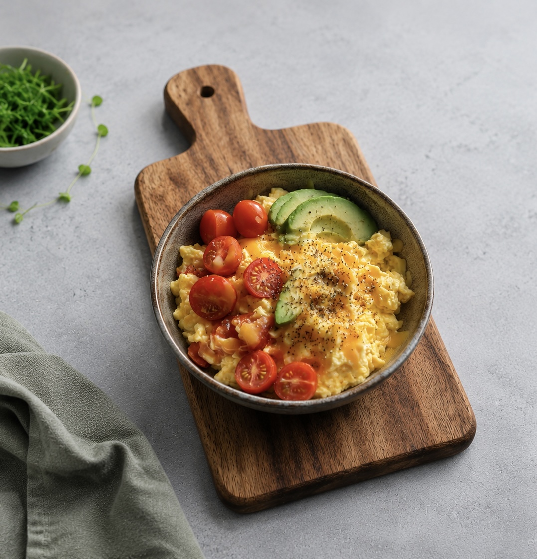 Egg Scramble with cherry tomatoes